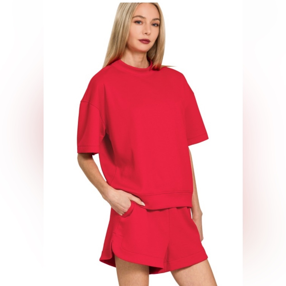 Zenana Red Scuba High Neck Top and Dolphin Shorts Set